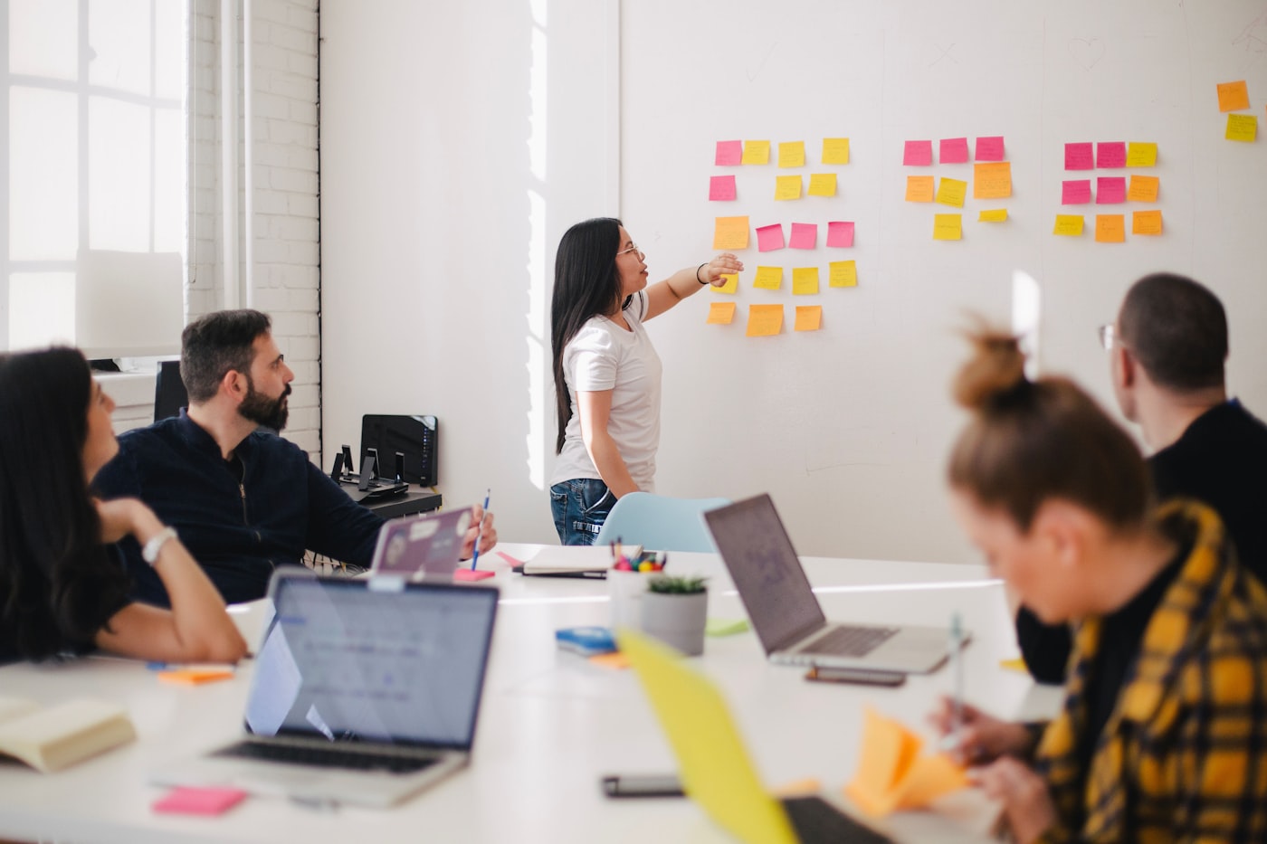 Team mapping out business strategy on a planning wall